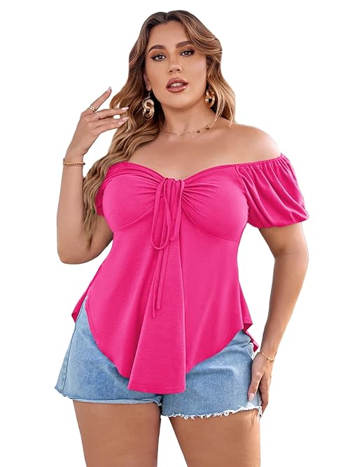 SOLY HUX Women's Plus Size Short Sleeve Peplum Blouse Tie Front Ruffle Hem Summer T Shirt Tops Hot Pink 0XL