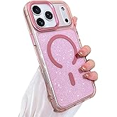 SAKUULO Magnetic Case for iPhone 17 Pro Max Compatible with Magsafe, Bling Glitter Laser Iridescent Crystal Sparkly Luxury Shockproof Protective Cover for Women Men, Glitter Pink