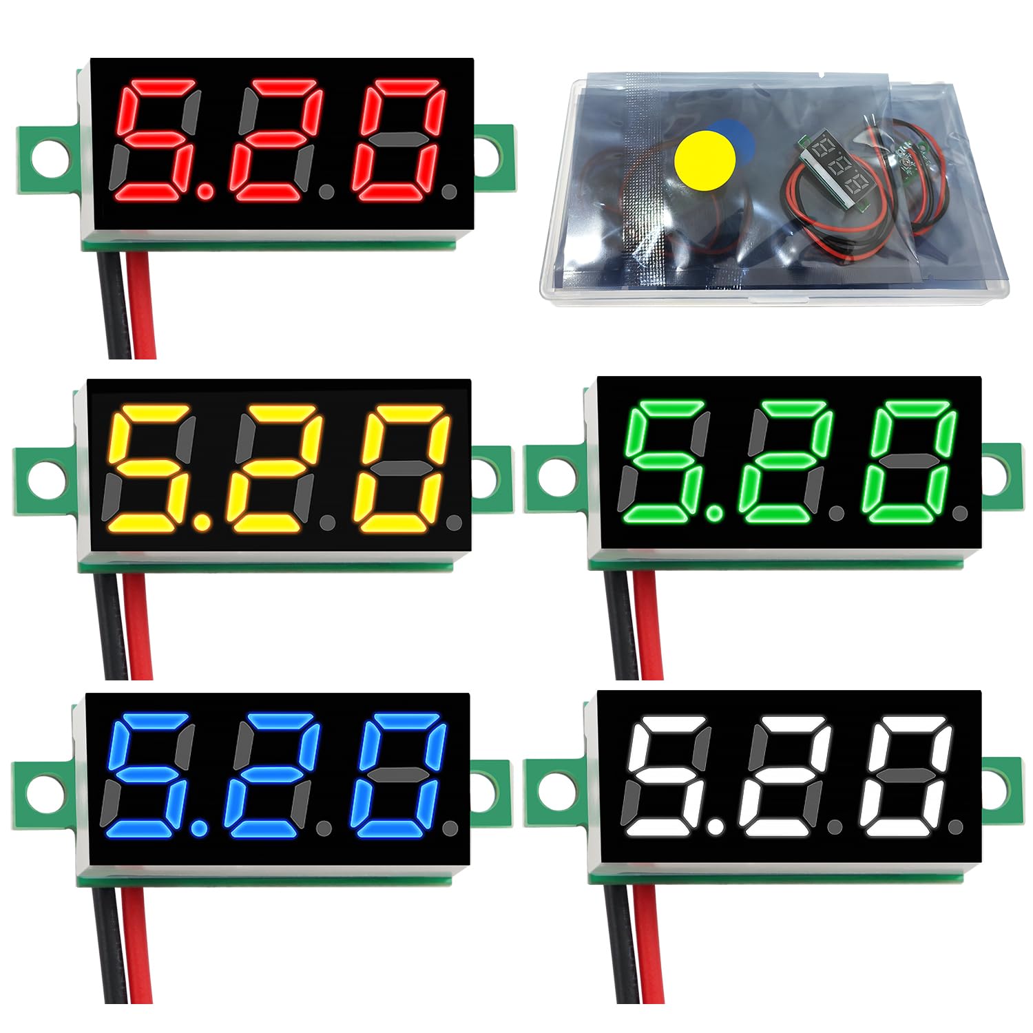 YIXISI 5 PCS DC 2.4-30V Gauge Tester 0.28", 2 Wires Mini Digital LED Voltmeter Display with Reverse Polarity Protection and Accurate Pressure Measurement Voltage Tester (5 Colours)