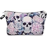 Livel lhood Floral Skull Makeup Bag Cute Small Organizer Zipper Pouch Pink Floral Skull Cosmetic Bag Gothic Birthday Present for Women Friends