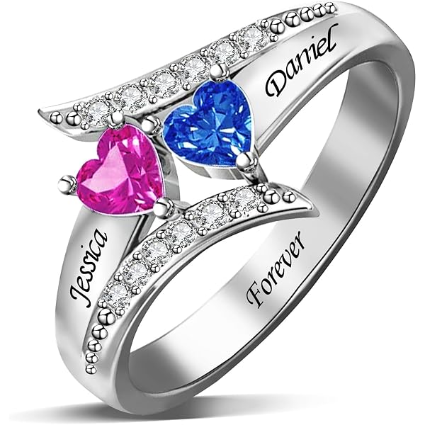 LoraPetid Sterling Silver Birthstone Ring - Personalized Mothers Ring With 2 Hearts, Cubic Zirconia, Engraved Names - View #3