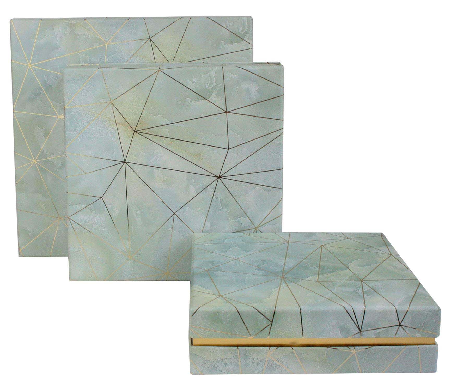 Emartbuy Set of 3 Rigid Square Luxury Presentation Gift Box, Sea Green Marble Effect with Gold Origami Lines and Pink Chequered Interior