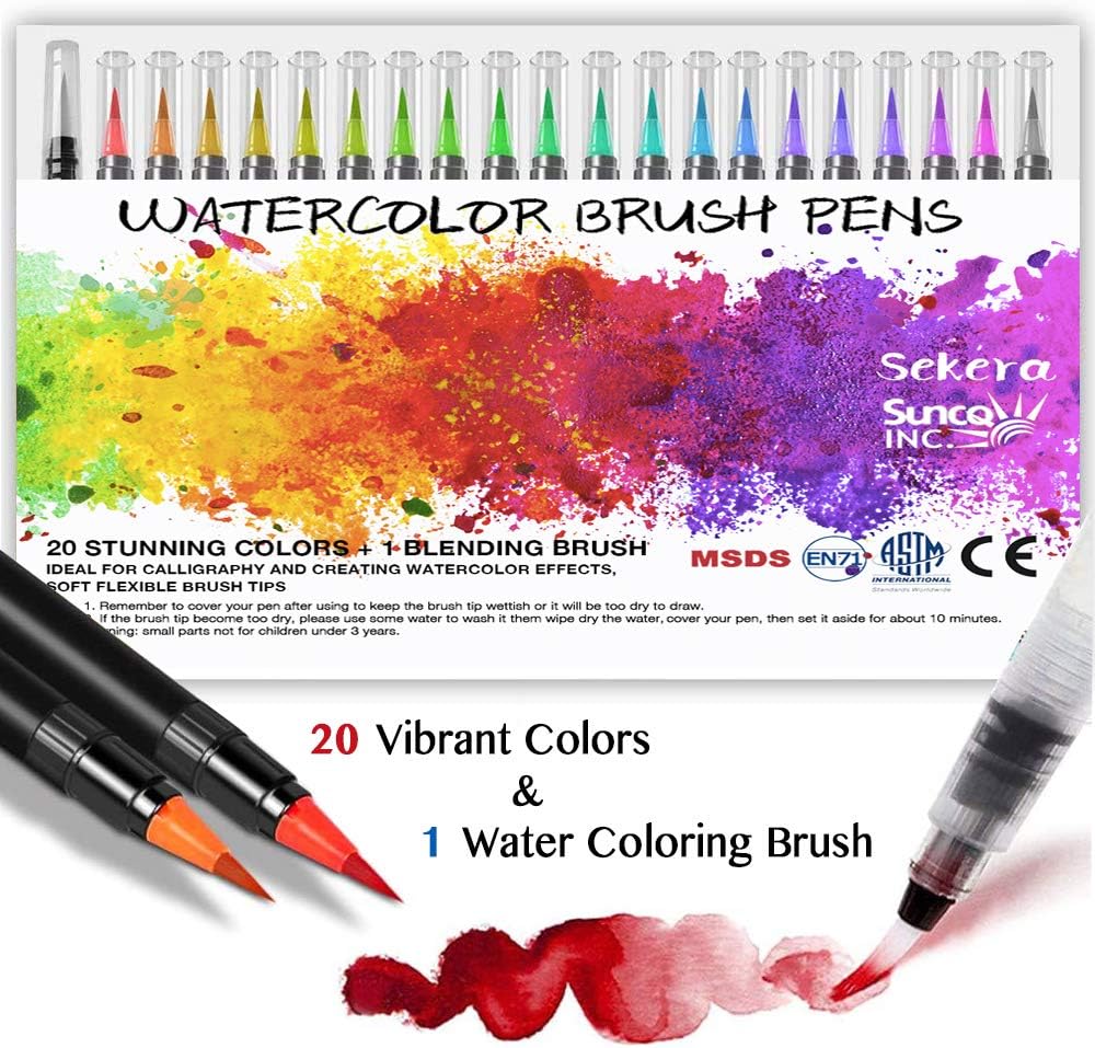 SekeraWater Color Brush Pens 20 Colors + 1 Water Brush Set, Watercolor Paint Pens Soft and Flexible Nylon Brush Tip for Kid Adult Artists, Professional Art Supplies for Painting Markers
