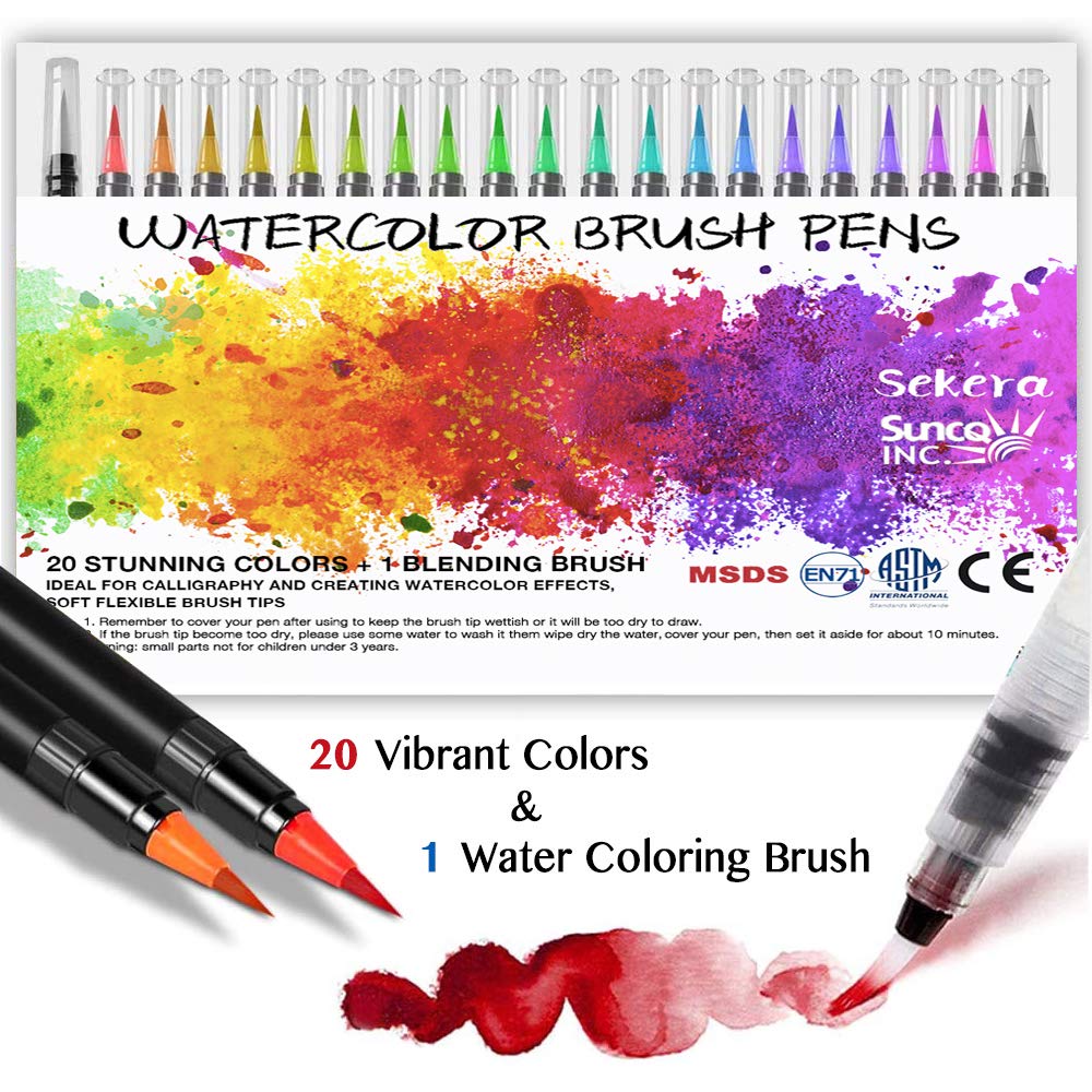 SekeraWater Color Brush Pens 20 Colors + 1 Water Brush Set, Watercolor Paint Pens Soft and Flexible Nylon Brush Tip for Kid Adult Artists, Professional Art Supplies for Painting Markers