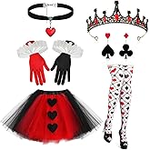 Jiuguva 6 Pcs Halloween Queen Costume for Women Red Black Heart Skirt Gloves Necklace Earrings High Sock for Cosplay