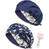2 Pack Satin Lined Bouffant Scrub Caps with Buttons, Adjustable Scrub Caps for Women Men