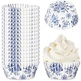 JarThenaAMCS 600Pcs Blue Floral Cupcake Liners Chinoiserie White Blue Flower Cupcake Wrappers Paper Disposable Decorative Muffin Brownie Cups for Baking Party Supplies