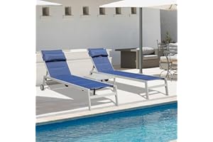 DOMI OUTDOOR LIVING Domi Patio Chaise Lounge Set of 3, Outdoor Lounge Chair, Aluminum Textilene Padded 5 Position Pool Lounger, Stackable Lounge Chair w/Headrest, Wheels, Side Table, for Beach Backyard Lawn, Navy Blue