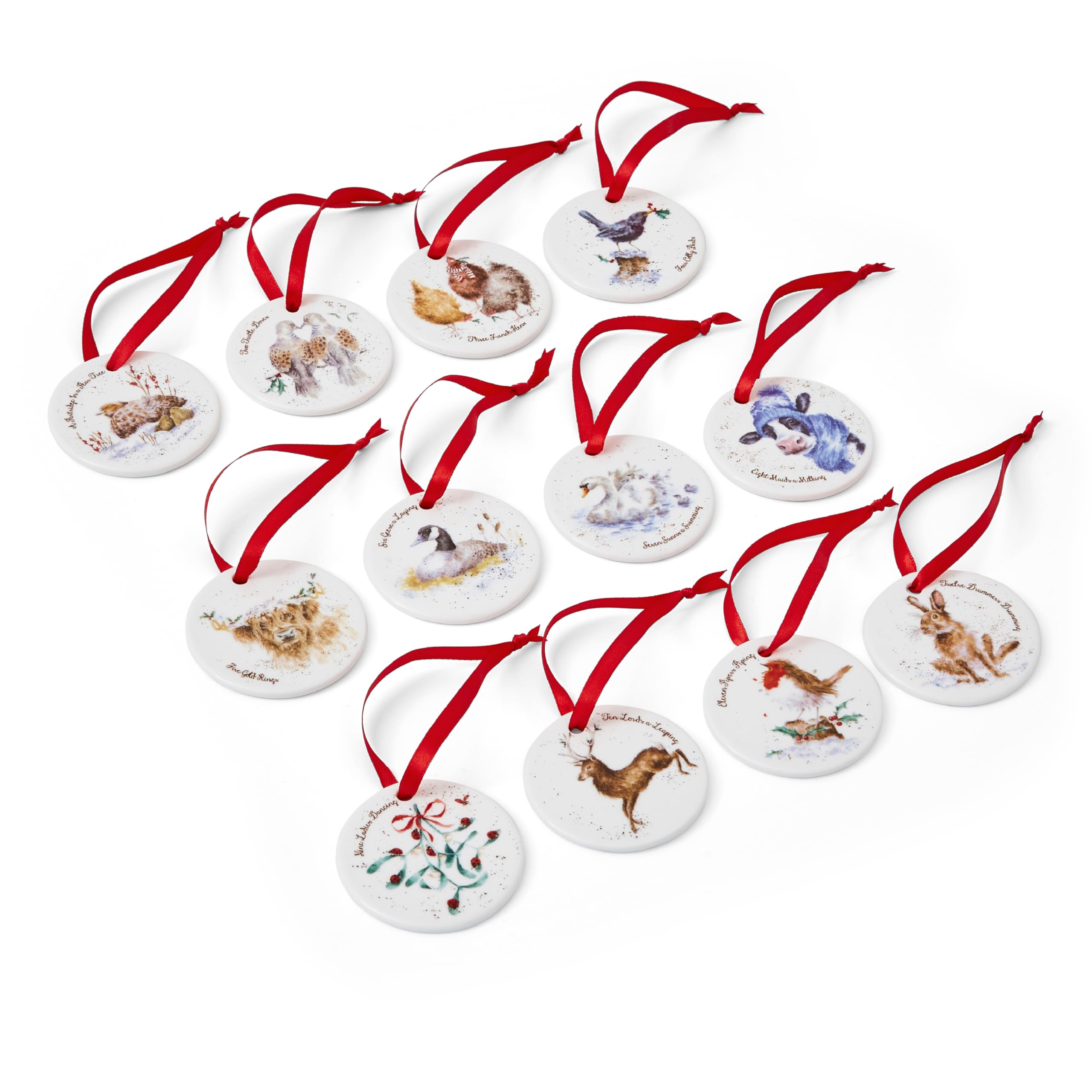 Portmeirion Home & Gifts WN4023-XG Wrendale 12 Days of Christmas Decorations, Bone China, Multi Coloured, 0.5 x 7 x 7 cm