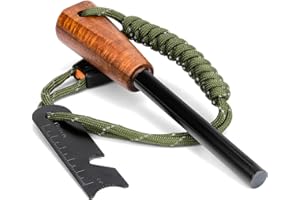 HDSSY Fire Starter Survival Tool - Handmade Wooden Handle 3/8"" Thick Ferro Rod with Striker and Umbrella Rope Waterproof Iron Rod Flint and Steel Fire Starter Kit, Black
