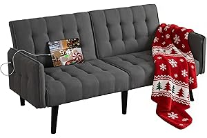 TYBOATLE 65“ Convertible Futon Sofa Bed w/ 2 USB, Upholstered Tufted Small Adjustable Folding Couch Loveseat, Modern Mid Century Sleeper Sofa for Living Room, Bedroom, Apartment, Office (Dark Grey)