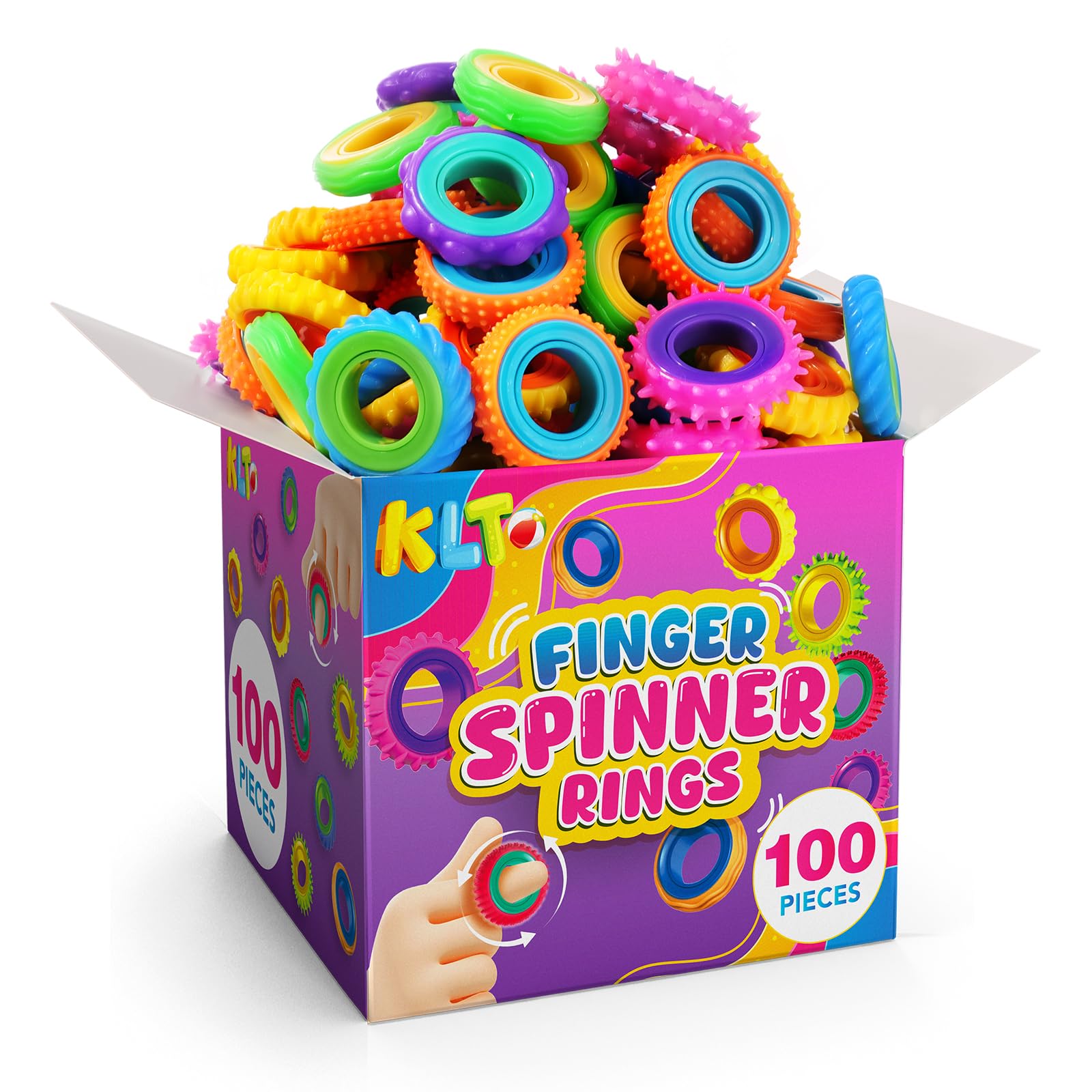 KLT Fidget Toys Bulk for Kids: 100 Pack Finger Spinner Rings - Classroom Prizes Box Toys - Textured Sensory Toys for Autism Stress Relief - Easter Basket Stuffers for Party Favors Boys Girls