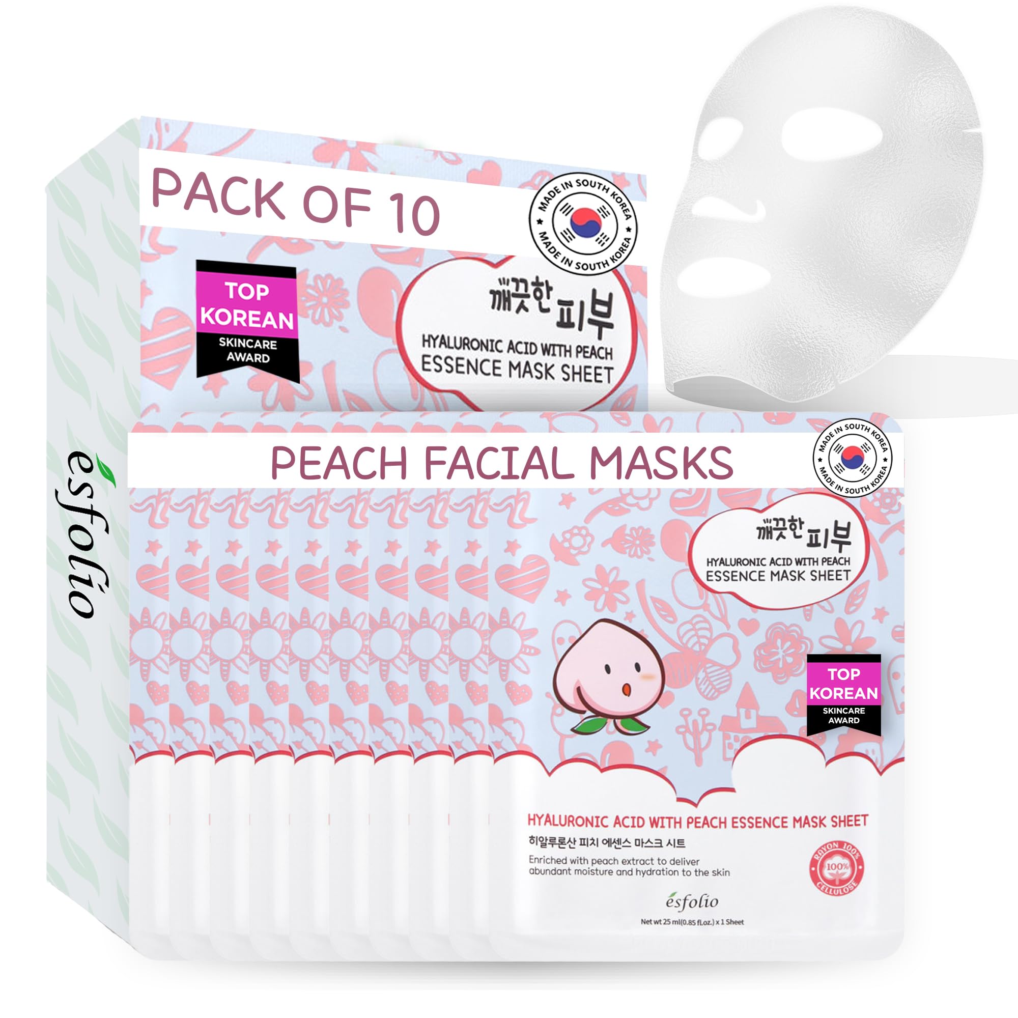 esfolio Pure Skin Hyaluronic Acid with Peach Essence Face Mask Sheet - Hydrating Korean Face Mask for Dark Spots, Pore Care, Oil Control and Improves Skin with Moisturizing and Soothing (Pack of 10)