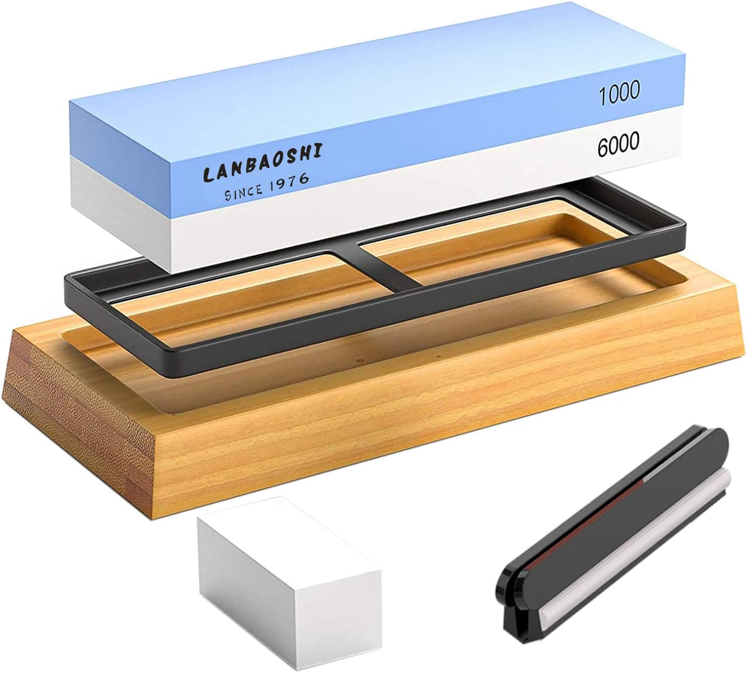 Knife Sharpening Stone Kit,2 Side Grit Whetstone 1000/6000,Chef Knife Sharpener Stone,Sharpening Stone Set,Waterstone with Nonslip Bamboo Base,Angle Guide and Flattening Stone.