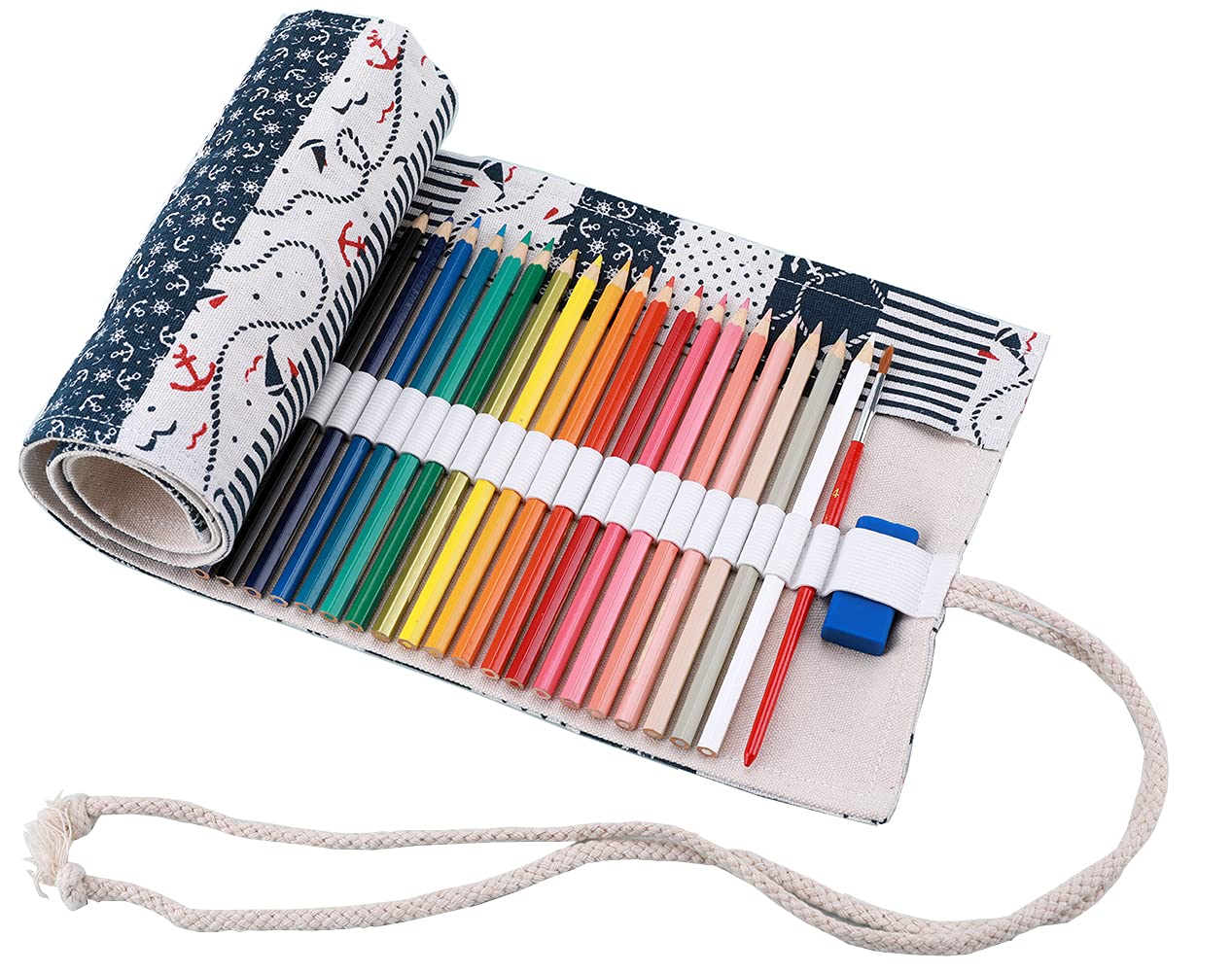 Amoyie Hand Roll up Pencil Bag for 48 Coloring Pencils, Portable Organizer Bag for Art Pencil, Fabric Pencil Wrap (No Pencil), Anchor