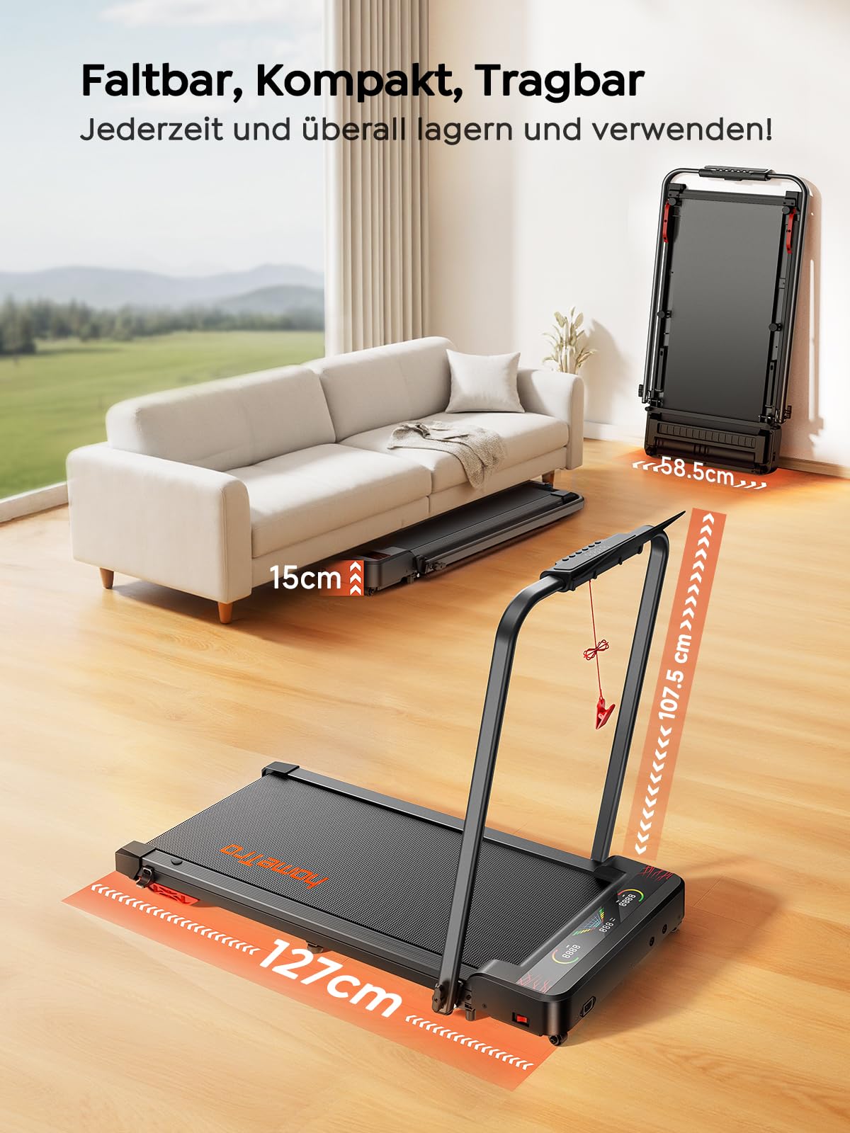 Klappbares Laufband mit Steigung für Zuhause & Büro – 9% manuelle Neigung, kein Aufbau nötig, All-in-1 Walking Pad für klappbar, 1–12 km/h, LED-Doppelanzeige, Walkingpad mit App & Fernbedienung 5