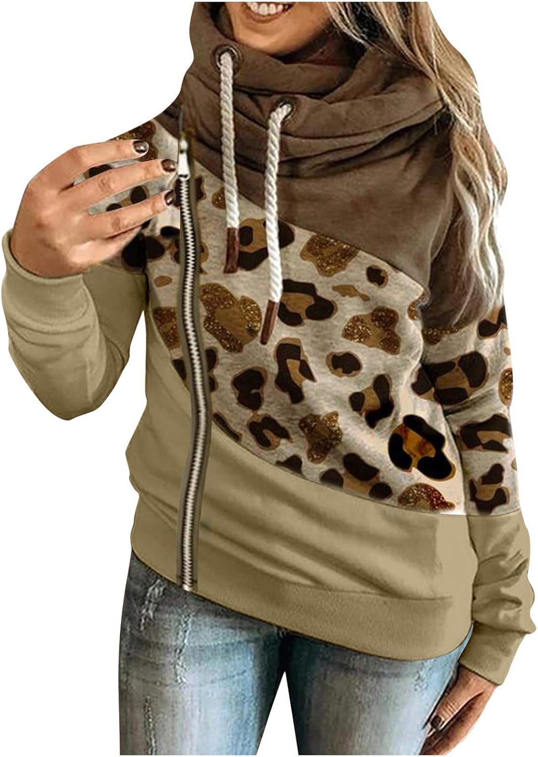 Womens Leopard Hoodies Long Sleeve Drawstring Casual