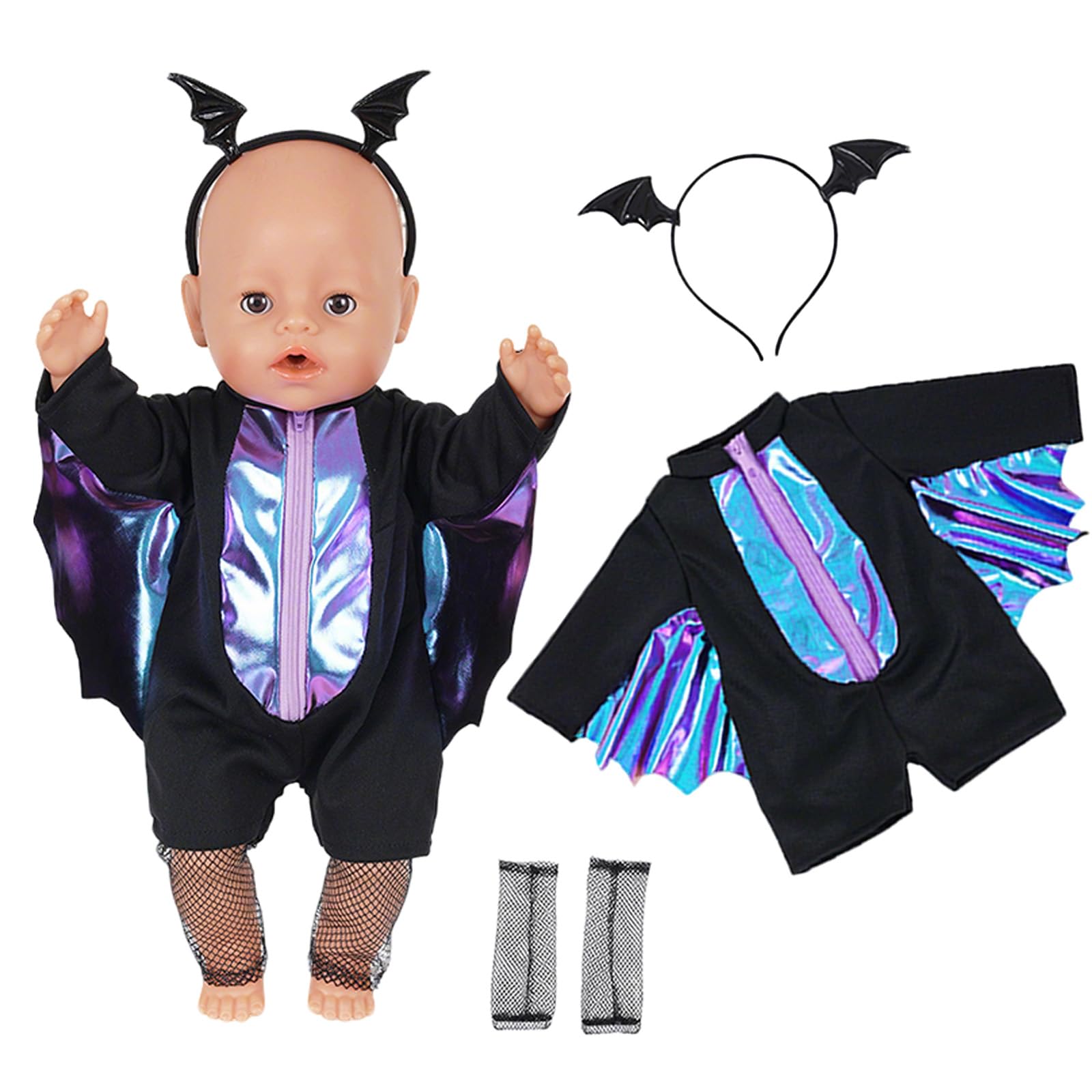 3Pcs Baby Doll Clothes for 14-18 Inch Doll 43cm Baby Doll, Cool Bat Doll Clothes with 1 Jumpsuit 1 Headband 1 Fishnet Socks Fashion New Born Baby Doll Accessories for Girls Birthday Gifts