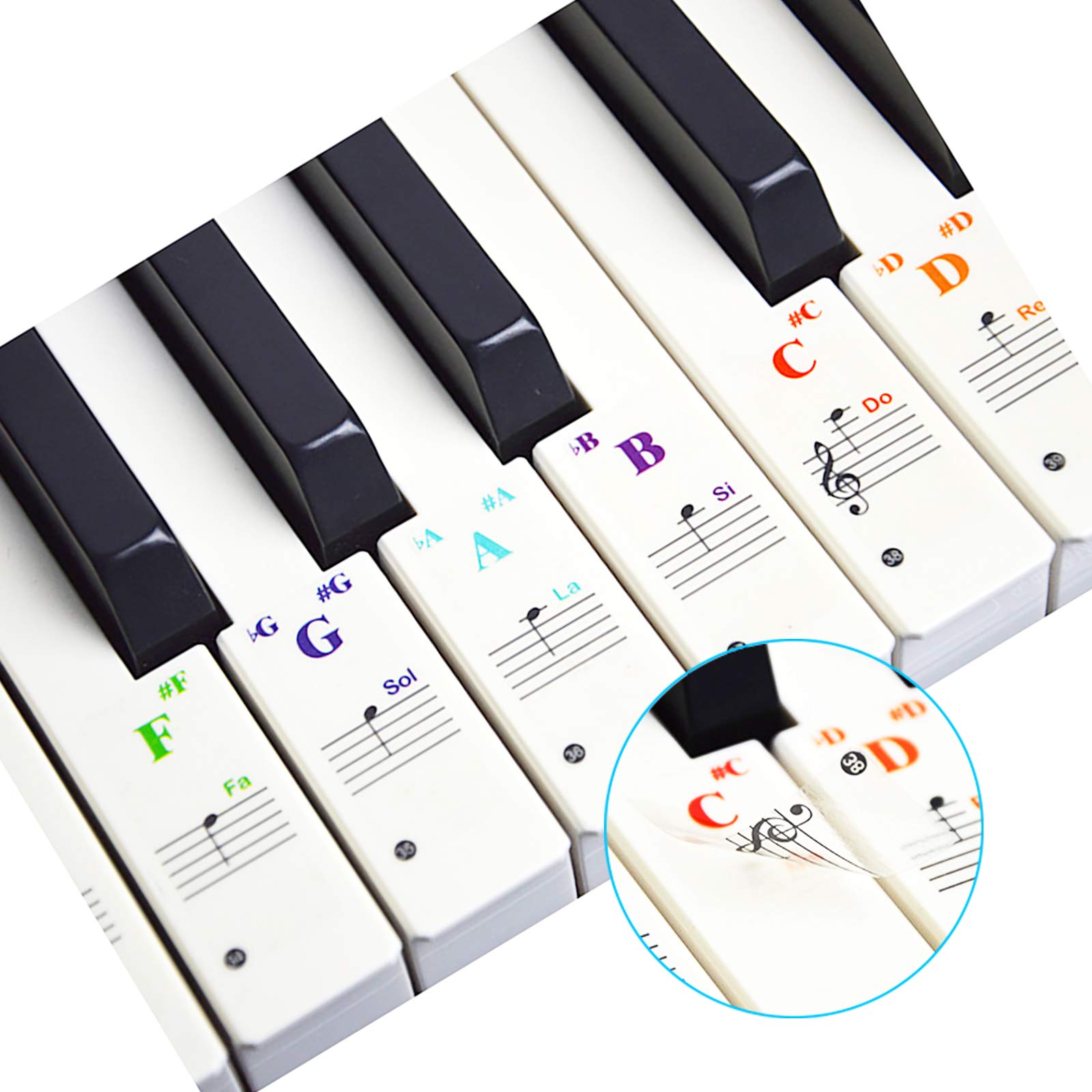 YMWALK Colored Keyboard Stickers for 88/61/49/37 Key Keyboards, Full Set Transparent and Removable Piano Key Note Stickers for Kids and Beginners