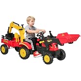 Aosom 3 in1 Kids Ride On Excavator/Bulldozer Move Forward/Back 6 Wheels | Pedal Car Digger Toy, Detachable Cargo Trailer