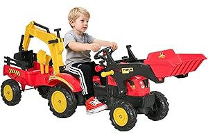 Aosom 3 in1 Kids Ride On Excavator/Bulldozer, Pedal Car Digger Toy Move Forward/Back with 6 Wheels and Detachable Cargo Trailer