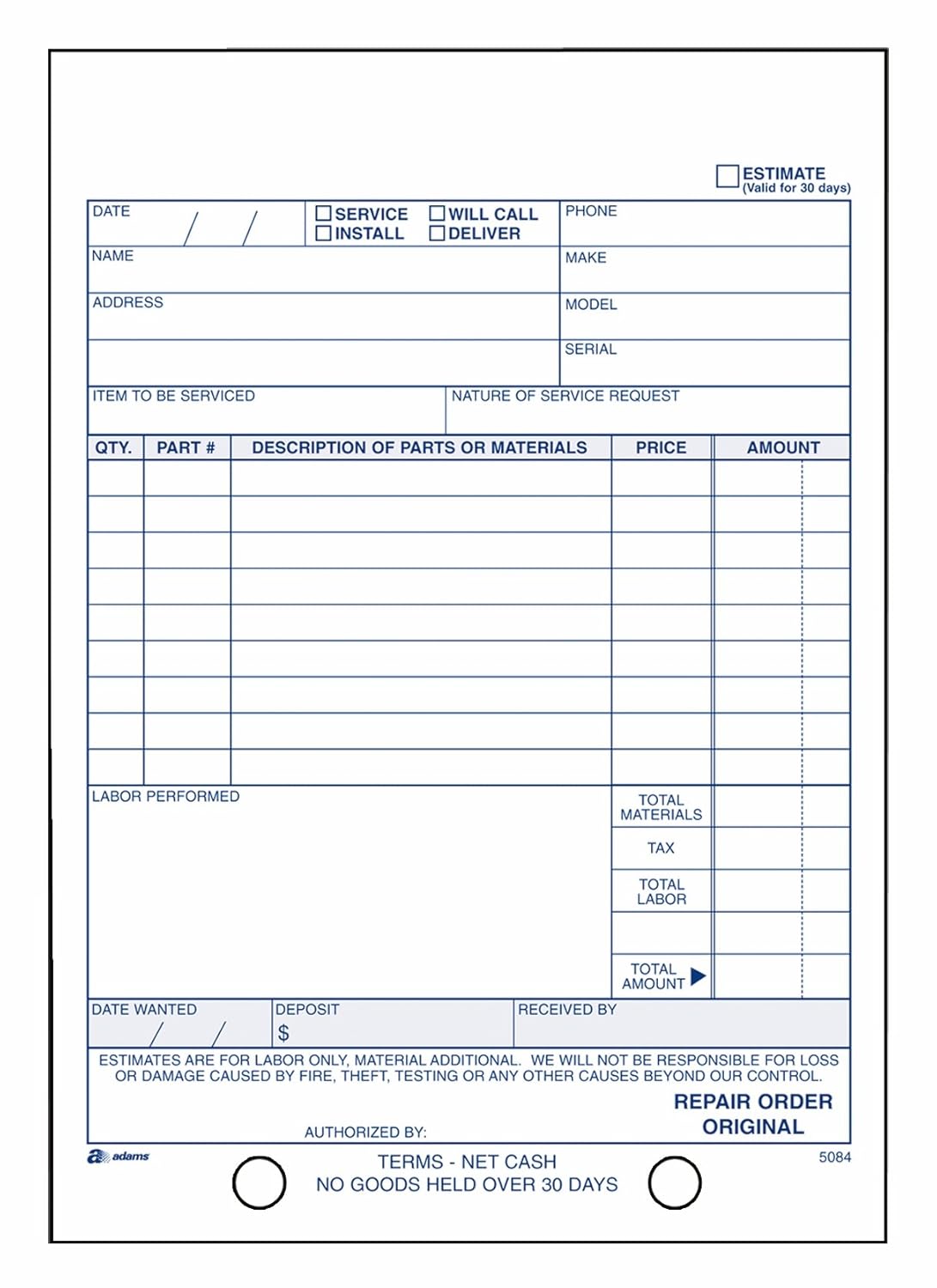 Adams Repair Order Book, 5.56 x 8.44 Inches, White, 2Part, 50 Sheets