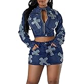 Vssjavun Women 2 Piece Denim Outfit Sexy Long Sleeve Zip Up Jean Jacket Bodycon Mini Skirt Sets