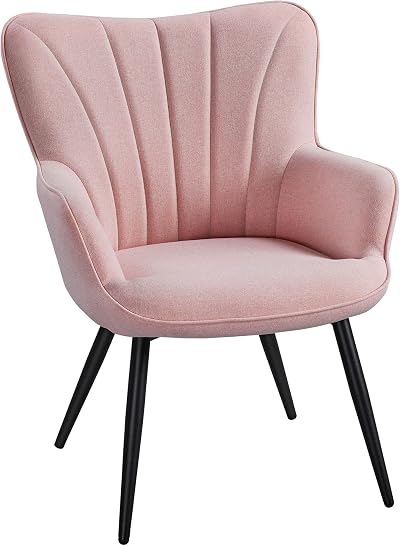 Yaheetech Modern Tub Chair Pink Linen Fabric Armchair with Curved Back