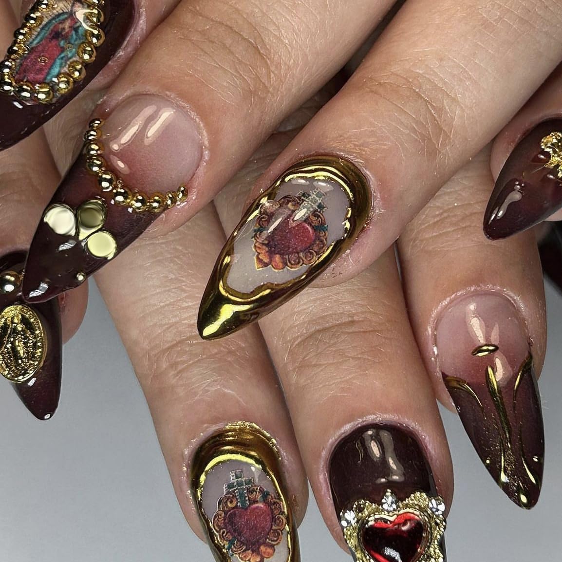 BABALAL Almond Press on Nails Medium Fake Nails Brown Fall Glue on Nails Golden Chrome Baroque Art Acrylic Nails 3d Heart Charm Metallic Ball Design Stiletto Manicure Stick on False Nails - Image 2