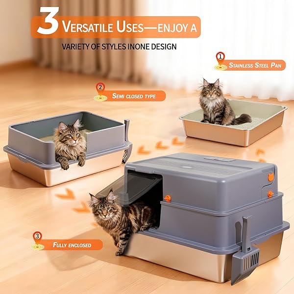 ENCLOSED XXXXL STAINLESS STEEL LITTER BOX, 28″ L X 20″ W X 17″ H, SIDE ENTRY EXTRA LARGE METAL CAT LITTER BOX WITH LID FOR BIG & MULTIPLE CATS, REMOVABLE ENCLOSURE, ANTI-LEAKAGE,EASY TO CLEAN