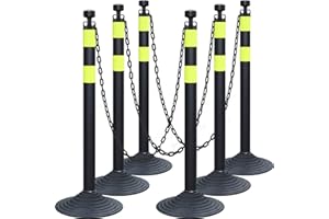 OranLite 6-Set Pack 40" inch Black Yellow Work Zone Chain Post Set, 6 x 6.6' Feet Plastic Chains, Portable Crowd Control Stanchion Set, Traffic Queue Delineator Post Cones (Black-Rubber Base)