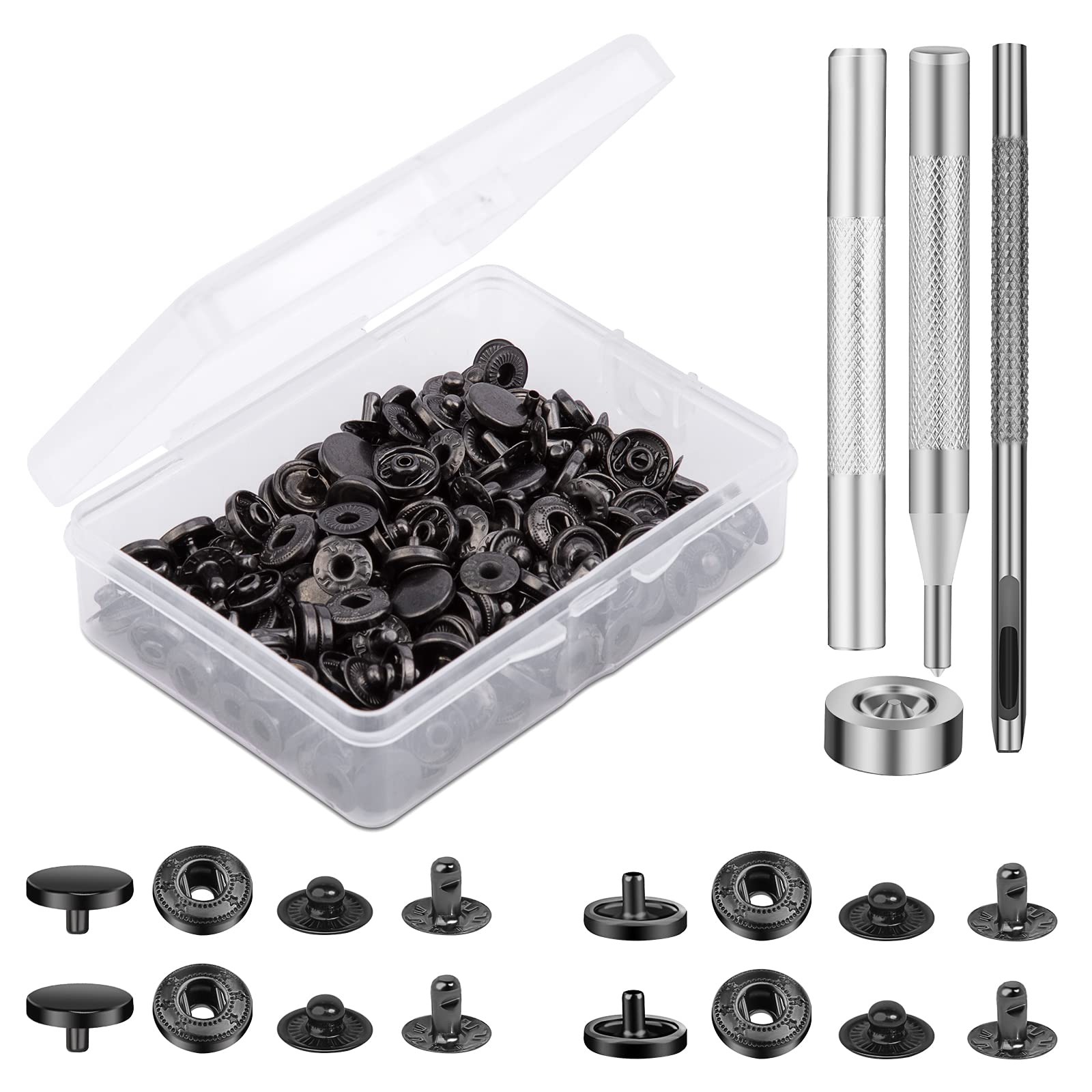TLKKUE 50 Sets Leather Snap Fasteners Kit 10mm Black Metal Snap Buttons kit Stainless Steel with 4pcs Snap Fastener Installation Tools for Sewing Clothing, Bracelets, Jackets, Bags Belt, DIY Crafts