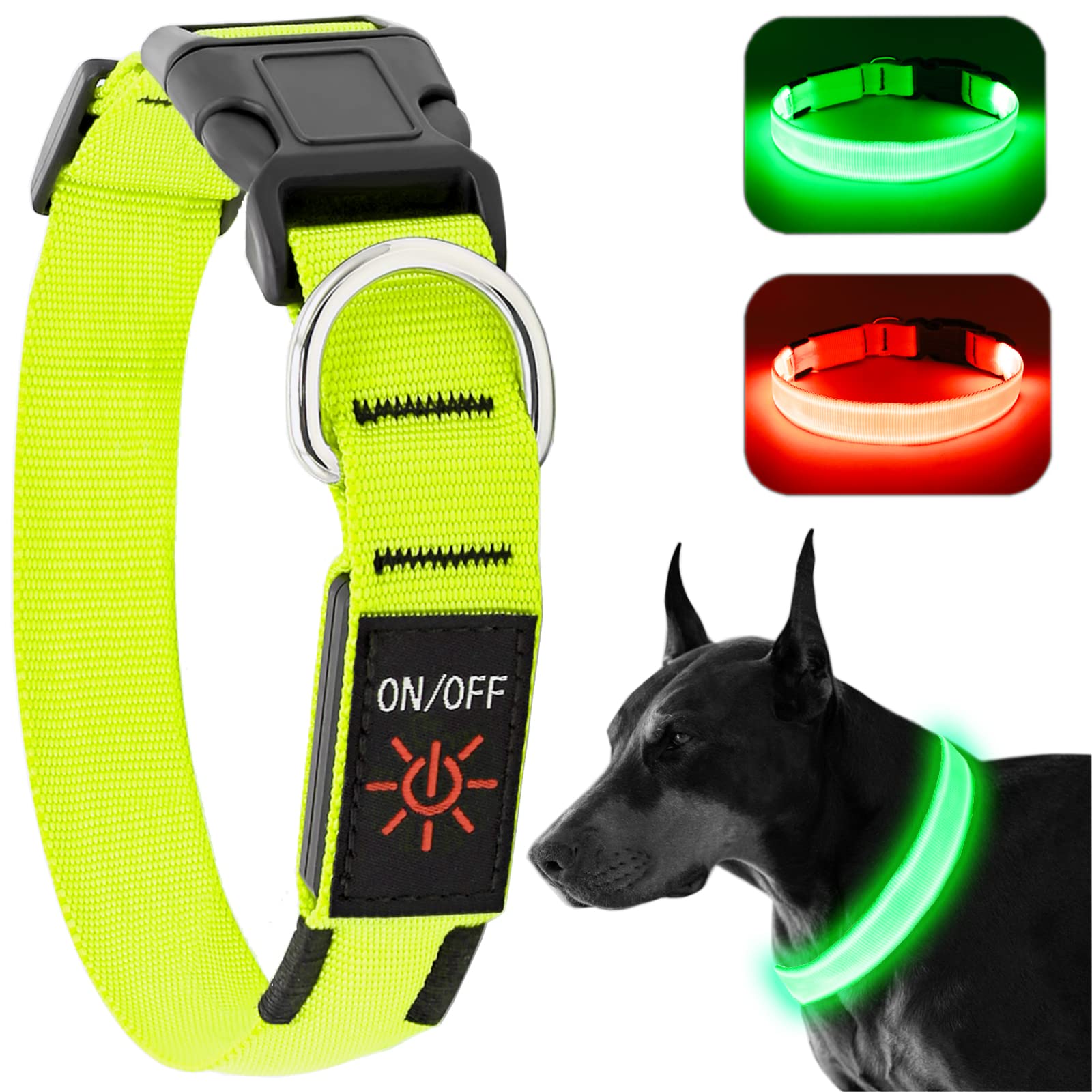 KOSKILL Light Up Dog Collar, Rechargeable USB Collar, Waterproof, Luminous LED Collar, Adjustable, Super Bright, Night Walking for Small Medium Large Dogs, Green, L