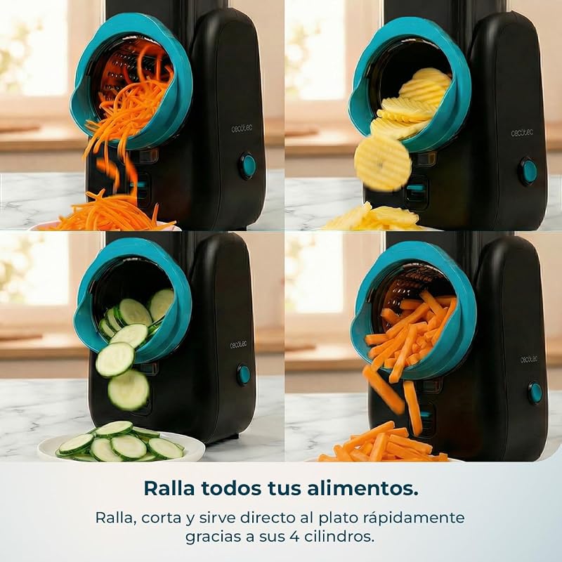 Cortador de Legumes Elétrico - Máquina de Saladas - Total Blade totalmente preto. Processador de alimentos, 4 cilindros intercambiáveis, cortes, grelhas e folhas, destacáveis, compactos, saladas em segundos