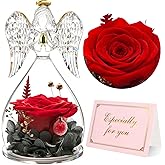 Yamonic Mom Birthday Gifts for Women, Preserved Roses Forever Flower in Glass Angel Figurines Gifts for Moms Grandma, Real Fresh Flowers Christmas Mothers Day Anniversary Valentines Gifts for Her(Red)