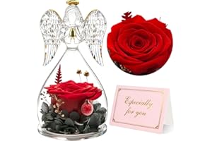 Yamonic Mom Birthday Gifts for Women, Preserved Roses Forever Flower in Glass Angel Figurines Gifts for Moms Grandma, Real Fresh Flowers Christmas Mothers Day Anniversary Valentines Gifts for Her(Red)