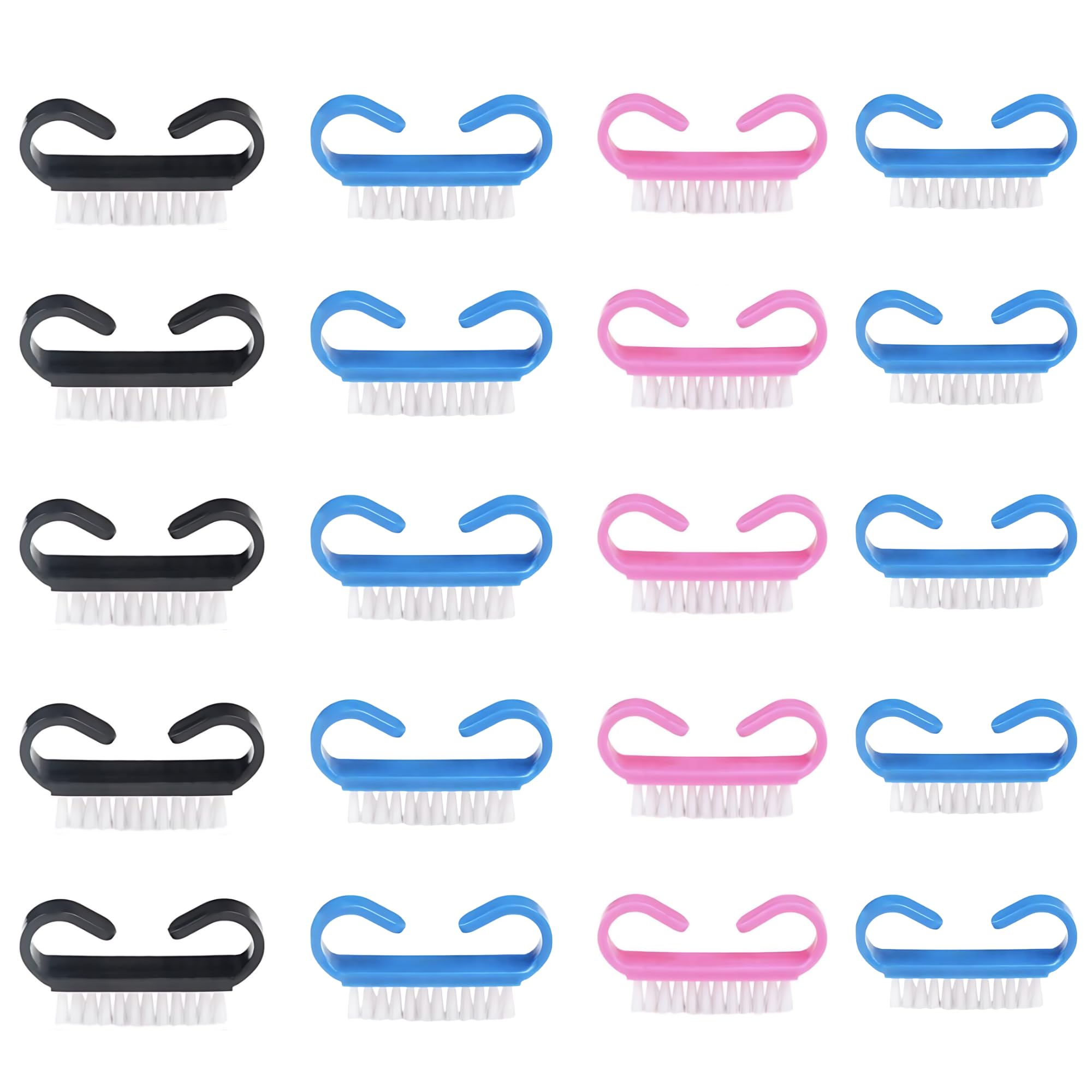 vellichor 20 x Bumper Pack of Nail Brushes 4 Colours Pink Black White Blue Standard Plastic Easy Grip Nail Scrubbers Clean Trapped Dirt from Nails Toenails Manicure Pedicure Fingernail Cleaner