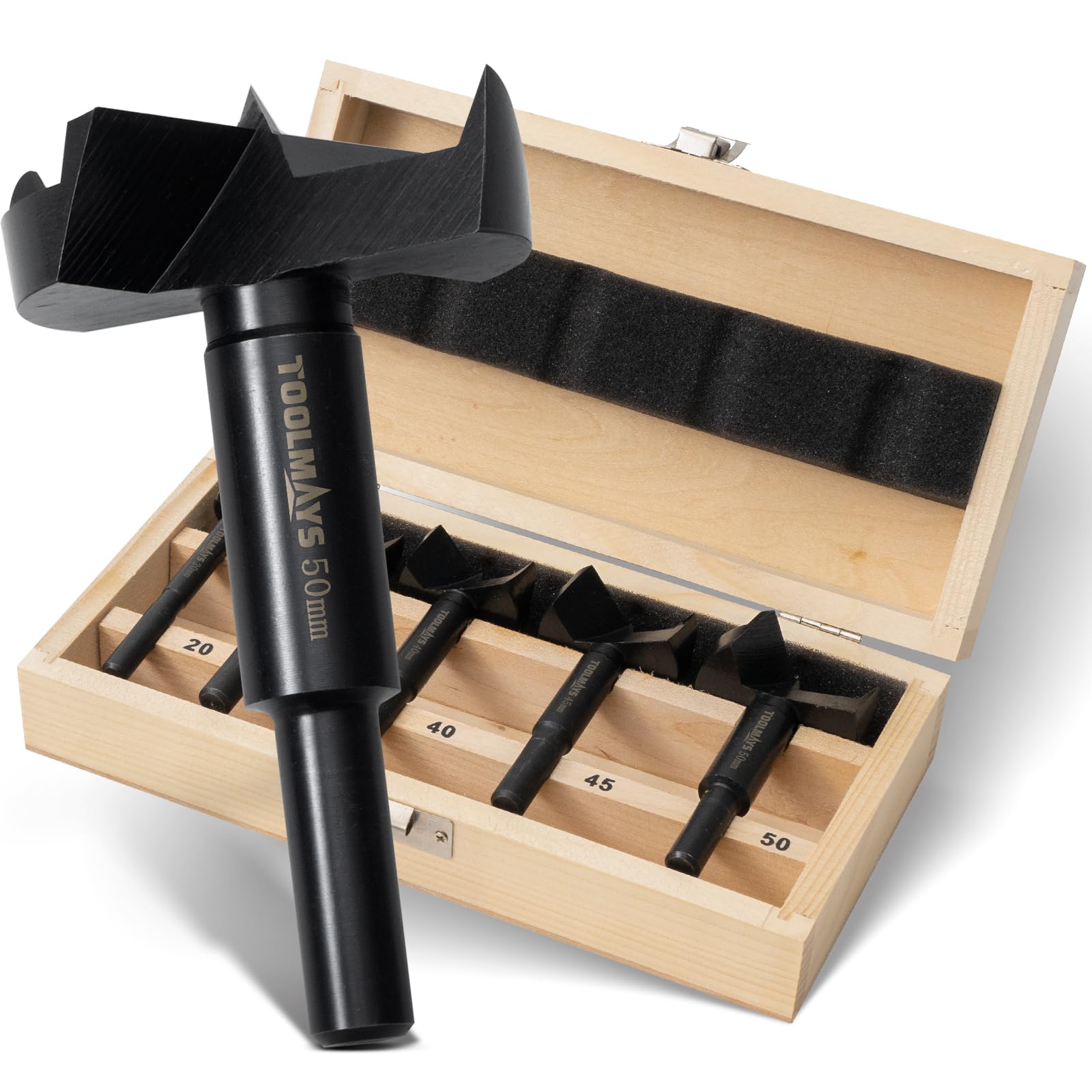 TOOLMAYS Forstnerbohrer Set 5tlg. Astlochbohrer für Holz Ø 20/35/40/45/50 mm, Länge 90 mm Holzbohrer set