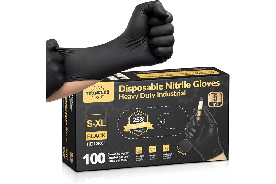 TitanFlex Black Nitrile Disposable Gloves, 5 Mil, Fully Textured, Heavy Duty Industrial Gloves, Latex Free & Powder Free