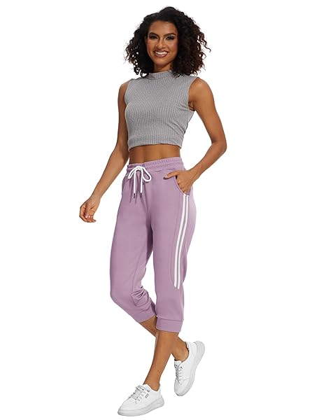 SPECIALMAGIC WOMEN’S CAPRI PANTS AIR LAYER ELASTIC WAIST CAPRI JOGGERS CAUSAL CROPPRD PANTS SOFT GRAYISH PURPLE AIR LARGE