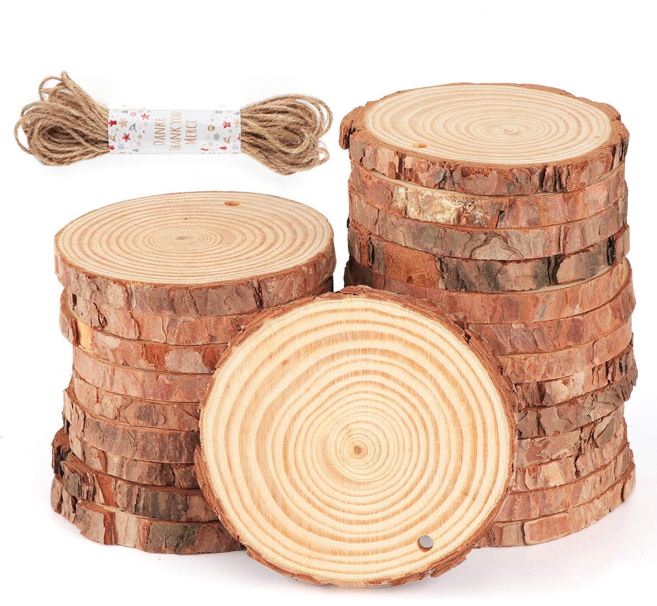 ilauke 30 Wooden Discs for Crafts, 8-9cm Log Slices with Drilled Hole, Wood Slices for Crafts with Natural Jute Twine for DIY Wedding Decorations Christmas Ornaments