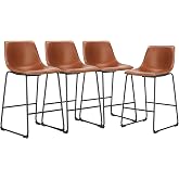DUMOS Counter Height Bar Stools Set of 4, Faux Leather Metal Bar Chairs | Barstools with Back, Leg, Armless, Upholstered, Kitchen Island, Modern Design, 26 Inch, Brown