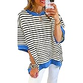Poetsky Womens Oversized Tops Casual Short Sleeve Striped Shirts Summer Crewneck Pullover Sweatshirt Loose Blouses