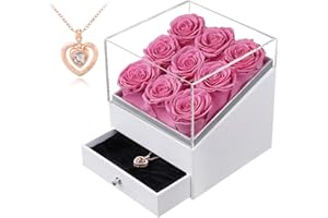 Eterfield Preserved Roses with I Love You Heart Necklace 9-Piece Forever Flowers Delivery Prime Real Rose That Last More Than a Year Gift for Mom Wife Girlfriend Valentines Day Mother Day (Pink)
