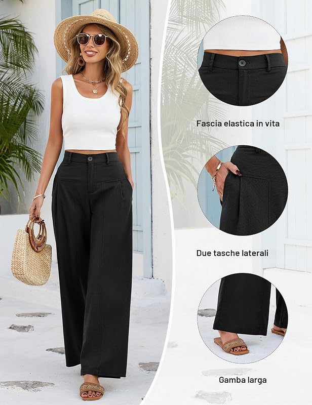 Pantaloni Lino Donna Estivi Gamba Larga Pantaloni Elastico in Vita Leggeri Traspiranti Pantaloni Casual Comodi Palazzo con Tasche e Bottoni (Nero, L)