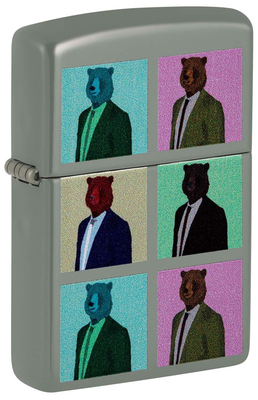 Zippo Windproof Lighter - Bear Design - Flat Grey Finish with Colour Image Print - Refillable - Reusable - Windproof Design - Gift Box - Metal - Made in USA