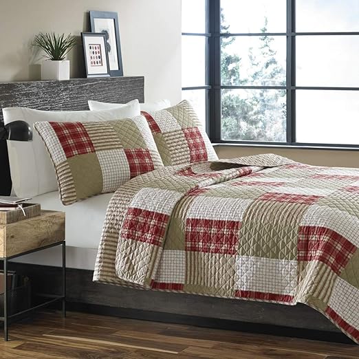 Amazon Com Misc 3pc Rustic Red White Beige Full Queen Quilt Set
