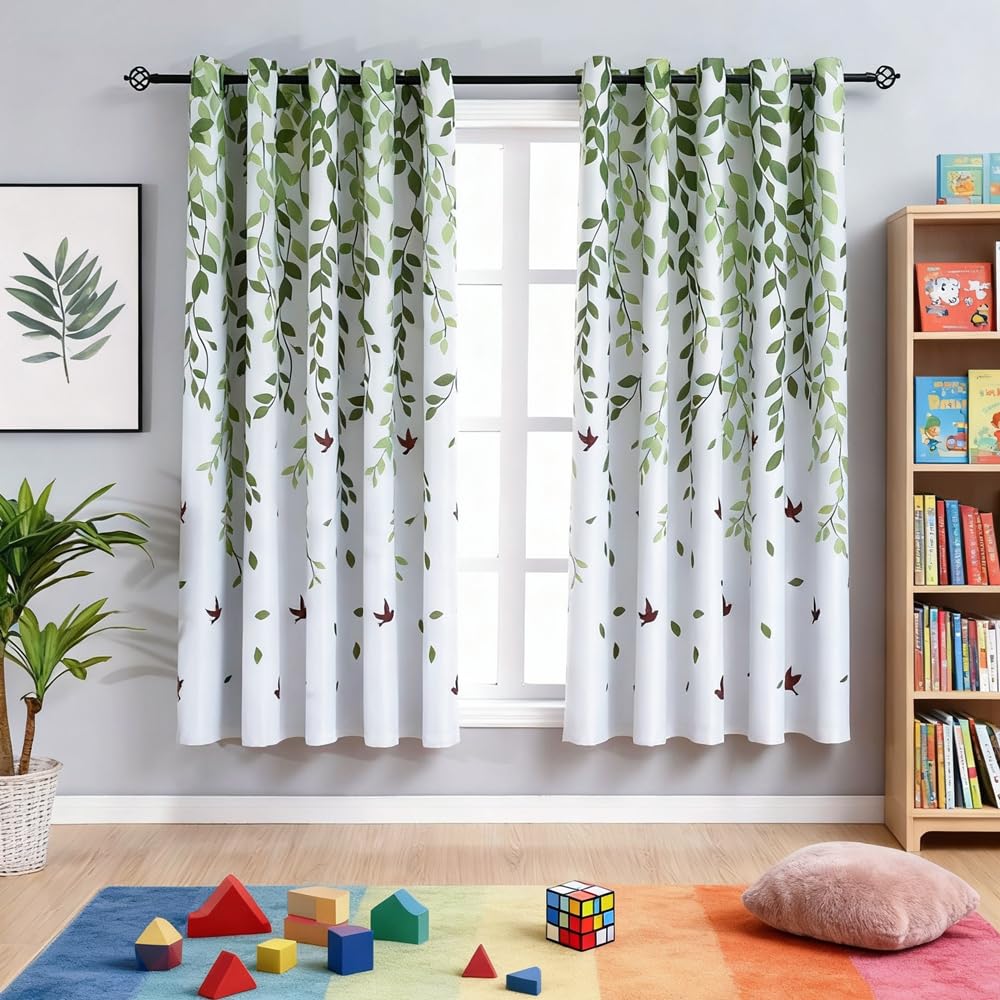 MYRU 2-Panel Leaf & Bird Design Semi-Blackout Curtains for Kids' Rooms - 66x72 Inches Each, Perfect for Boys & Children's Bedrooms - Soft, Stylish & Light Filtering