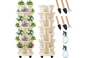 Umigy 2 Set of 7 Tier Vertical Planter Stackable Planters Tower Planters Strawberry Herb Flower and Vegetable Planter Indoor Outdoor Gardening Pots with Removable Wheels and Tools (Beige)