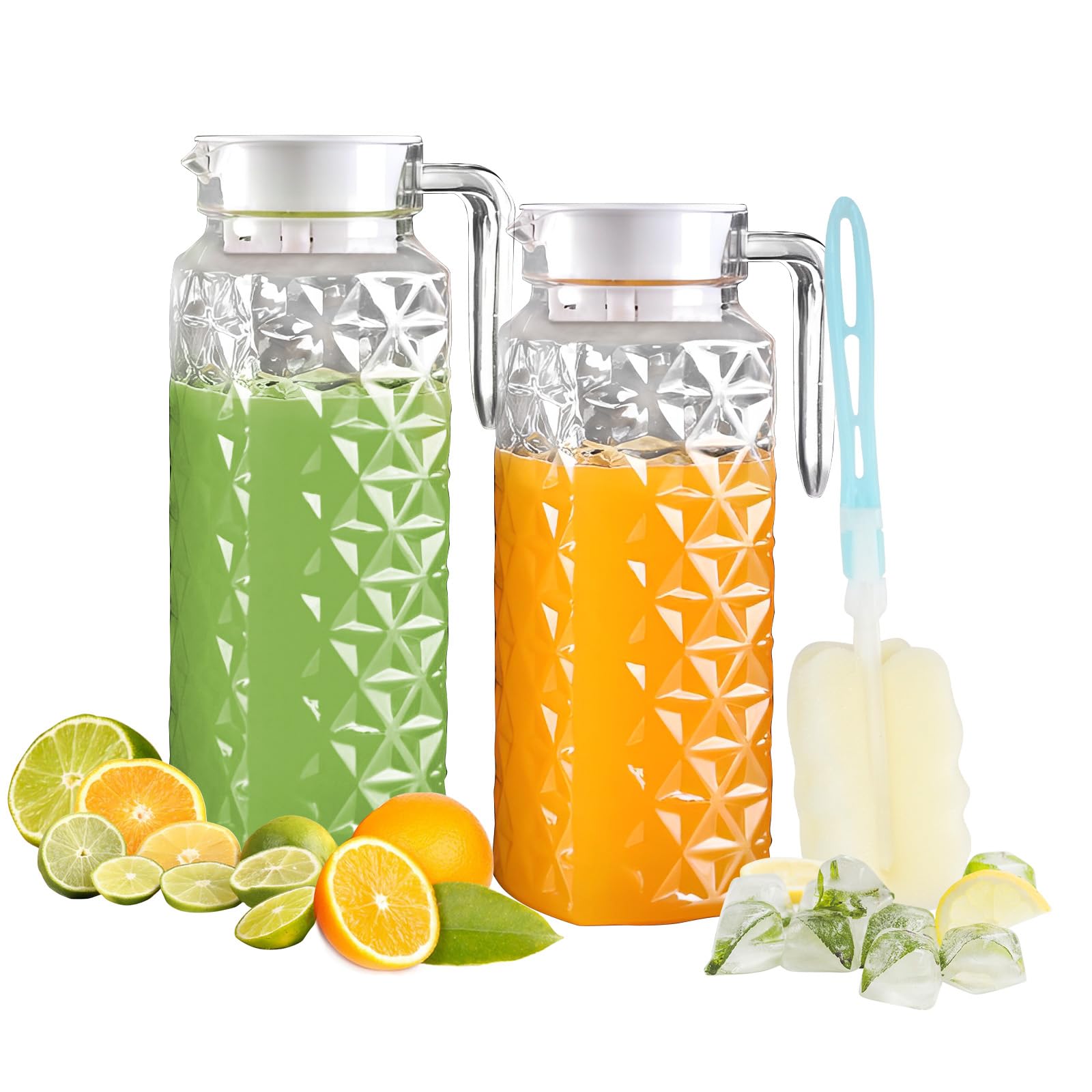 Photo 1 of 2 Pack 1.1L Plastic Jugs with Lid and Handle, Acrylic Juice Jug, Transparent Fridge Water Pitcher, Unbreakable, Easy to Clearn Water Jug for Iced Tea, Lemonade, Cold or Hot